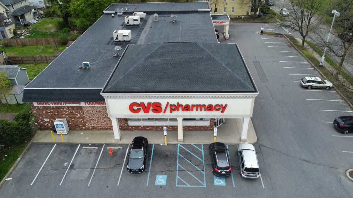 A birds-eye view of the roof of a CVS Pharmacy.
