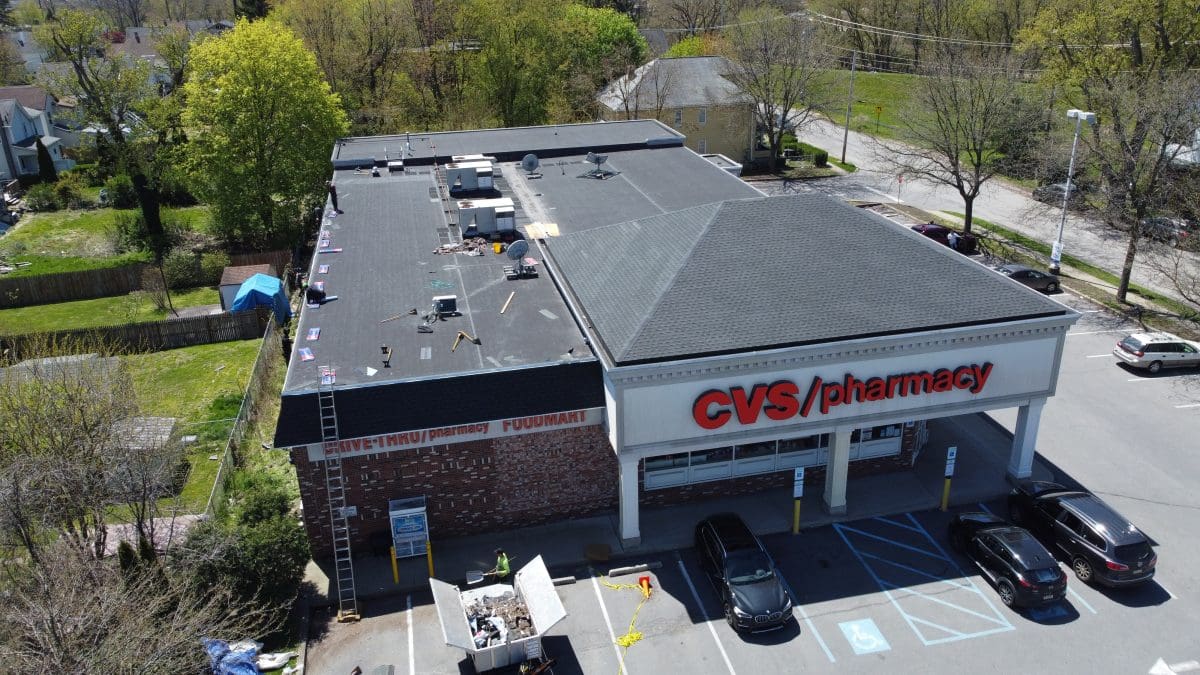 An overview of the roof of the CVS Pharmacy before work was completed.
