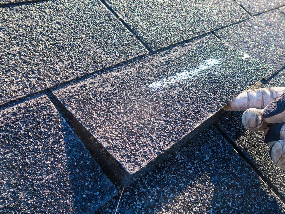 A closeup of a roof shingle being lifted off a roof to inspect it