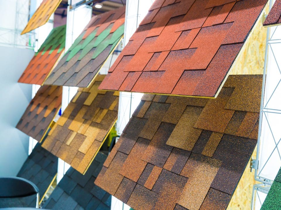 A store display of multiple shingle colors.