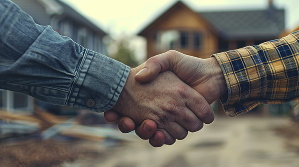 A closeup of a handshake between a homeowner and contractor.