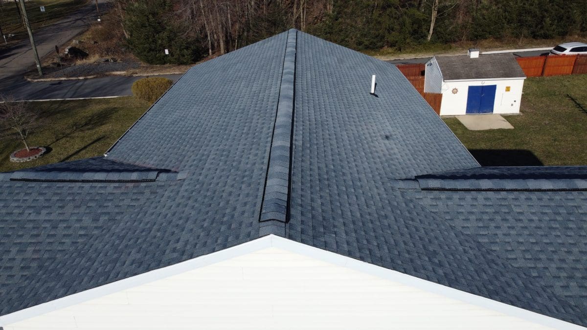 An overhead shot of a blue-tinged roof