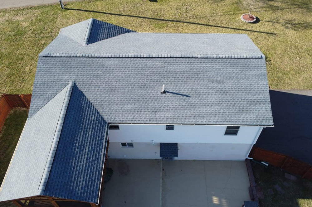 A birds-eye view of a home's roof.