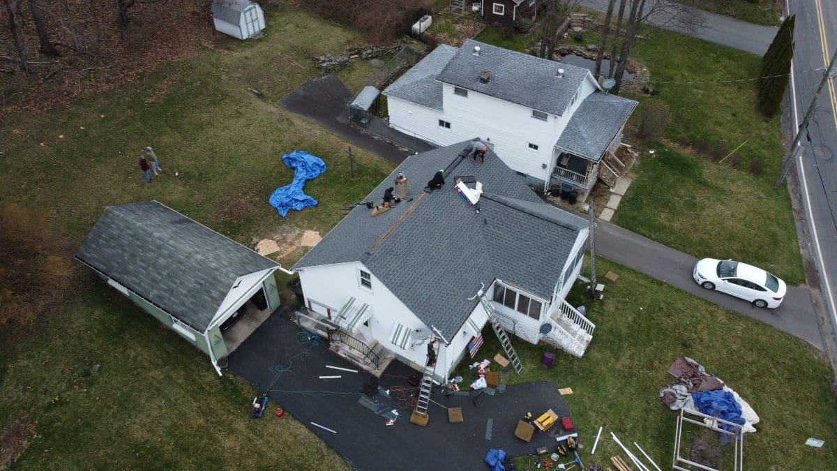 An overhead image of a roof repair project